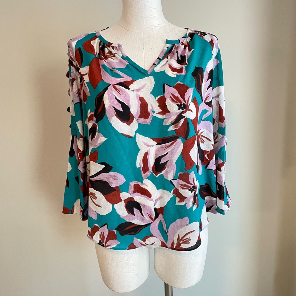 Jennifer Lopez Women's Turquoise Blue Floral Bell Sleeve Peasant Blouse